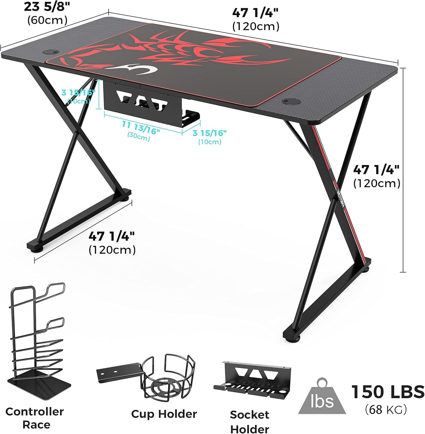 Gaming Desk 47 Inch, X Shaped Computer Desk with Mouse Pad, Headphone Hook, Gaming Controller Stand, Cup Holder