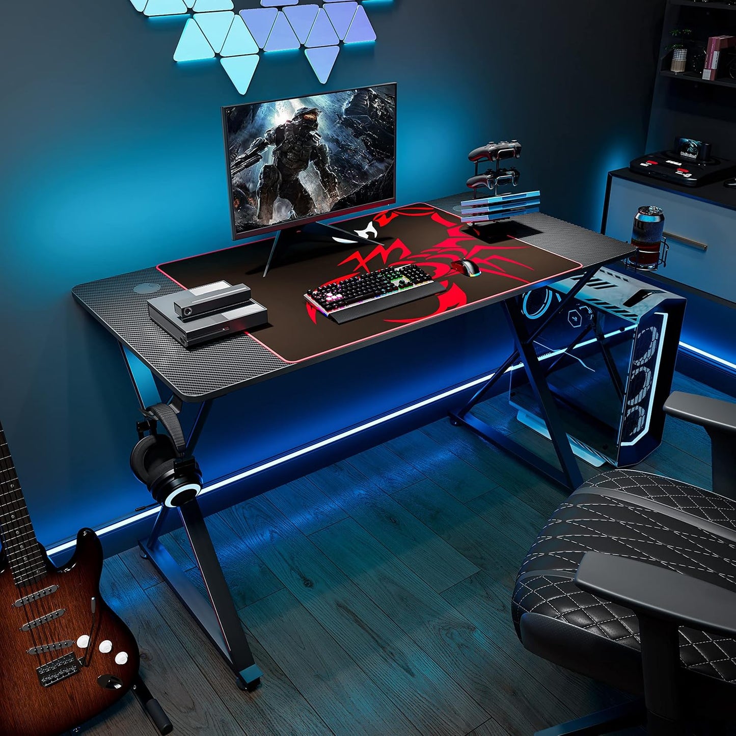 Gaming Desk 47 Inch, X Shaped Computer Desk with Mouse Pad, Headphone Hook, Gaming Controller Stand, Cup Holder