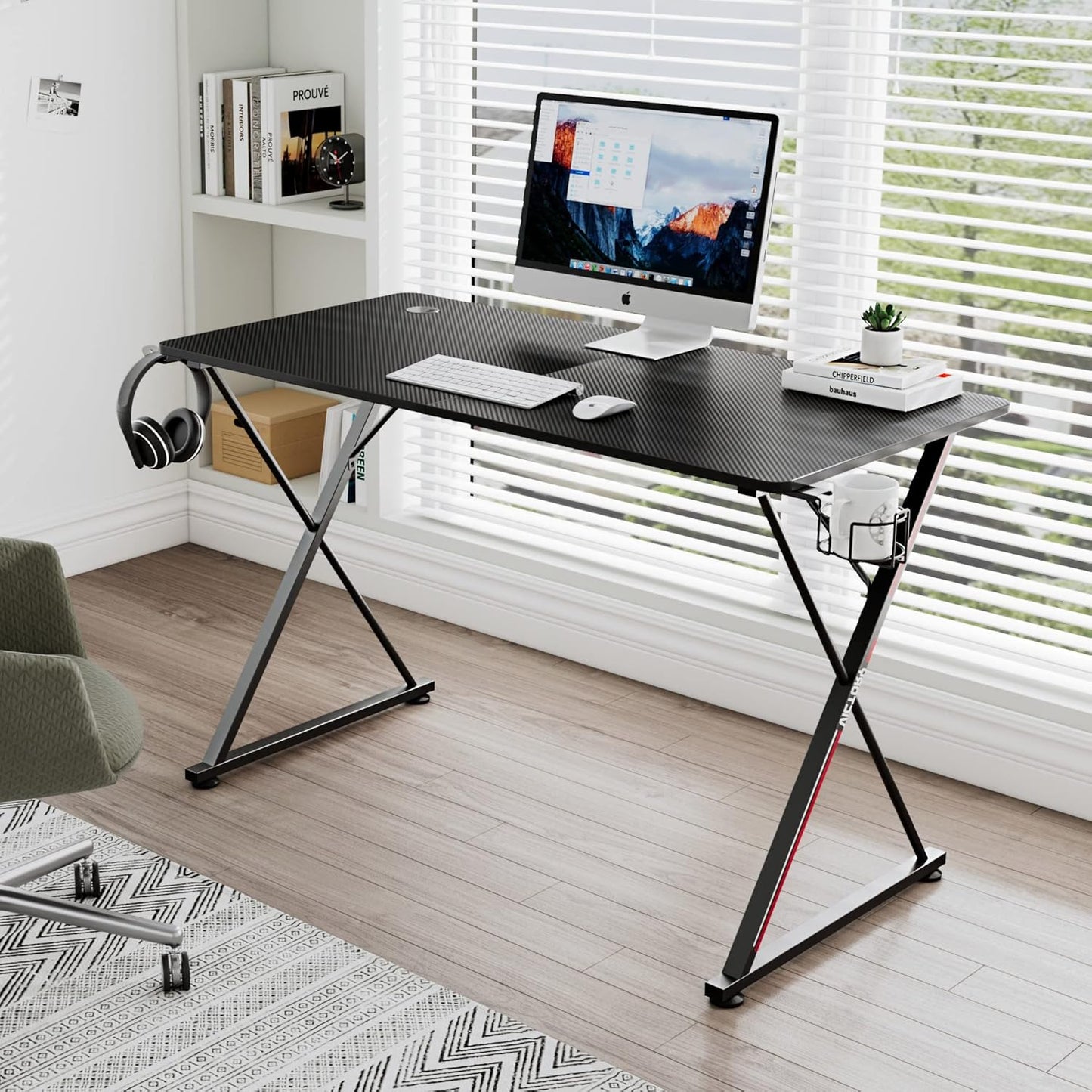 Gaming Desk 47 Inch, X Shaped Computer Desk with Mouse Pad, Headphone Hook, Gaming Controller Stand, Cup Holder