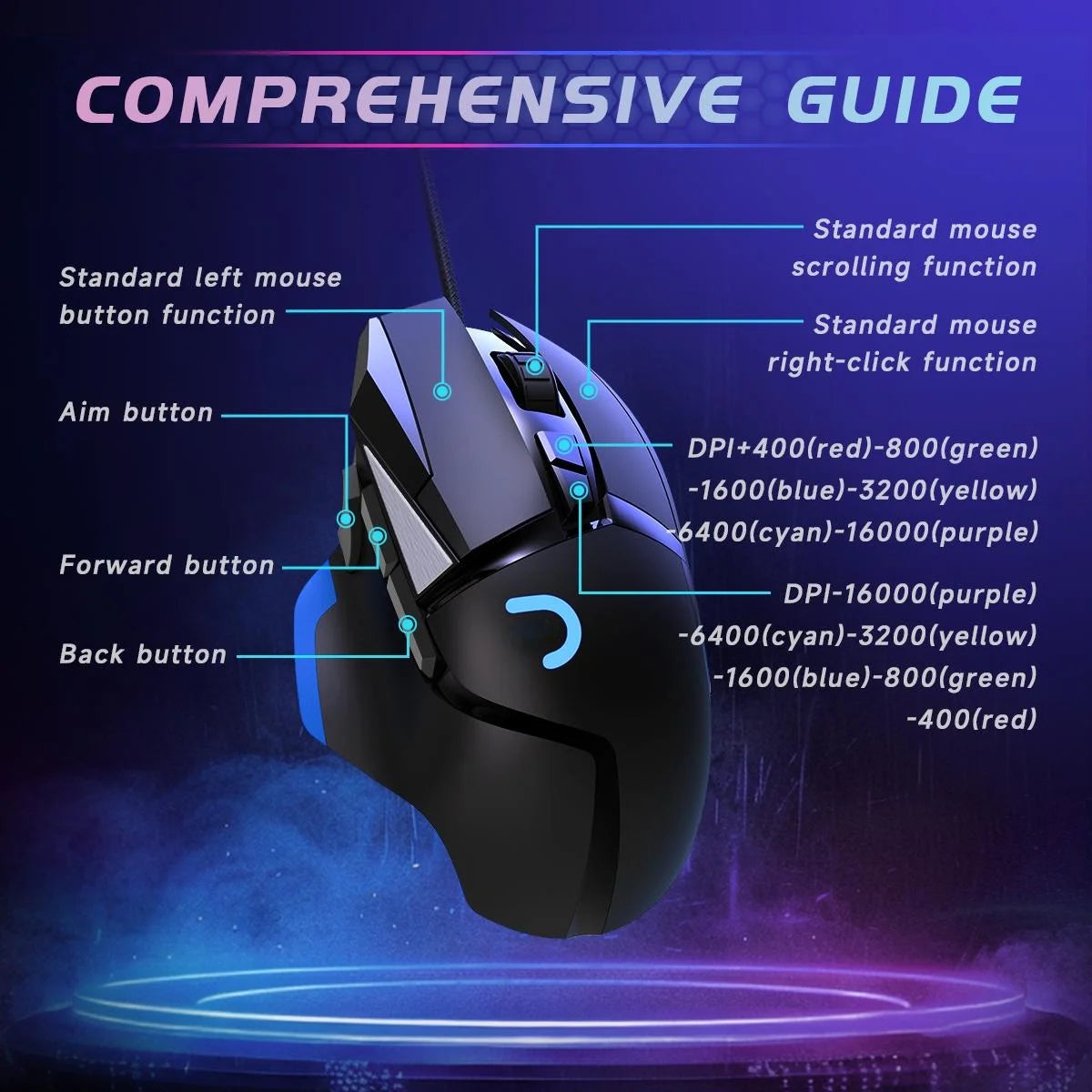 Gaming Mouse, Wired, Optical Sensor, 16000 DPI, 8 Programmable Buttons, RGB Lighting, Black