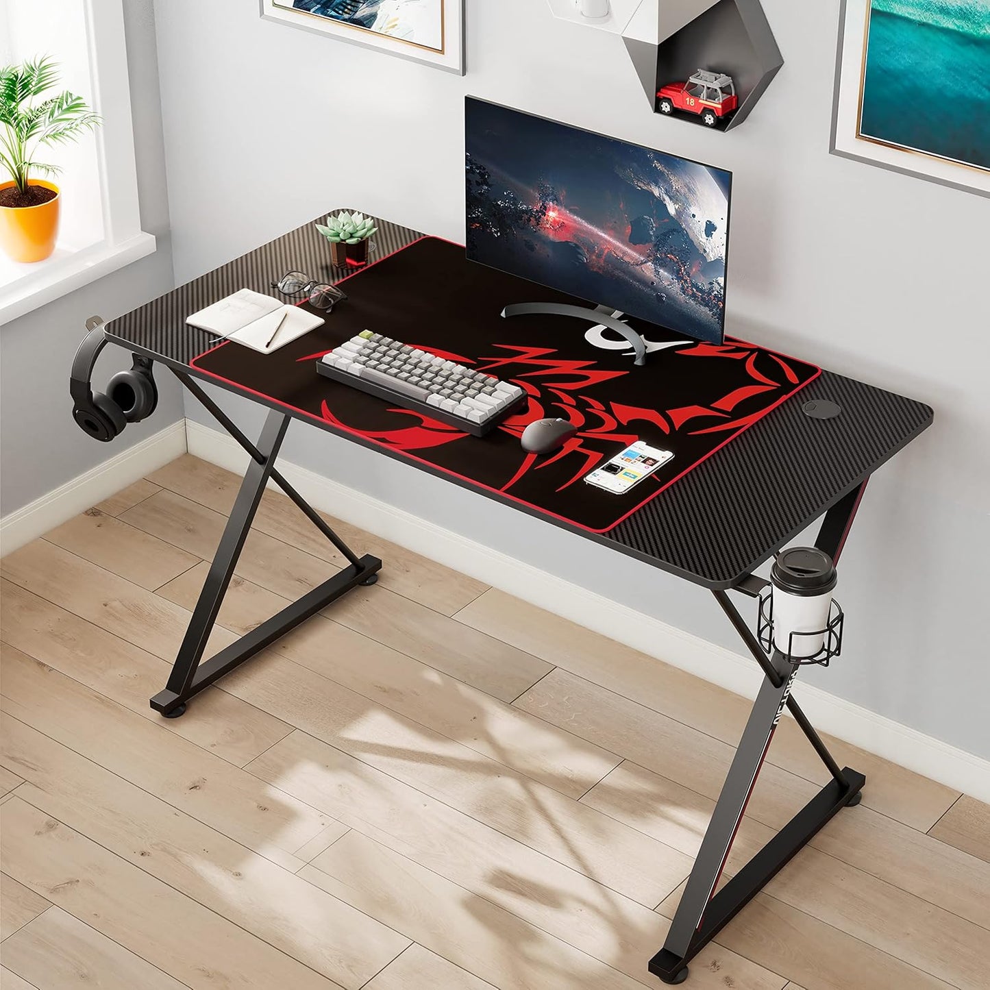 Gaming Desk 47 Inch, X Shaped Computer Desk with Mouse Pad, Headphone Hook, Gaming Controller Stand, Cup Holder
