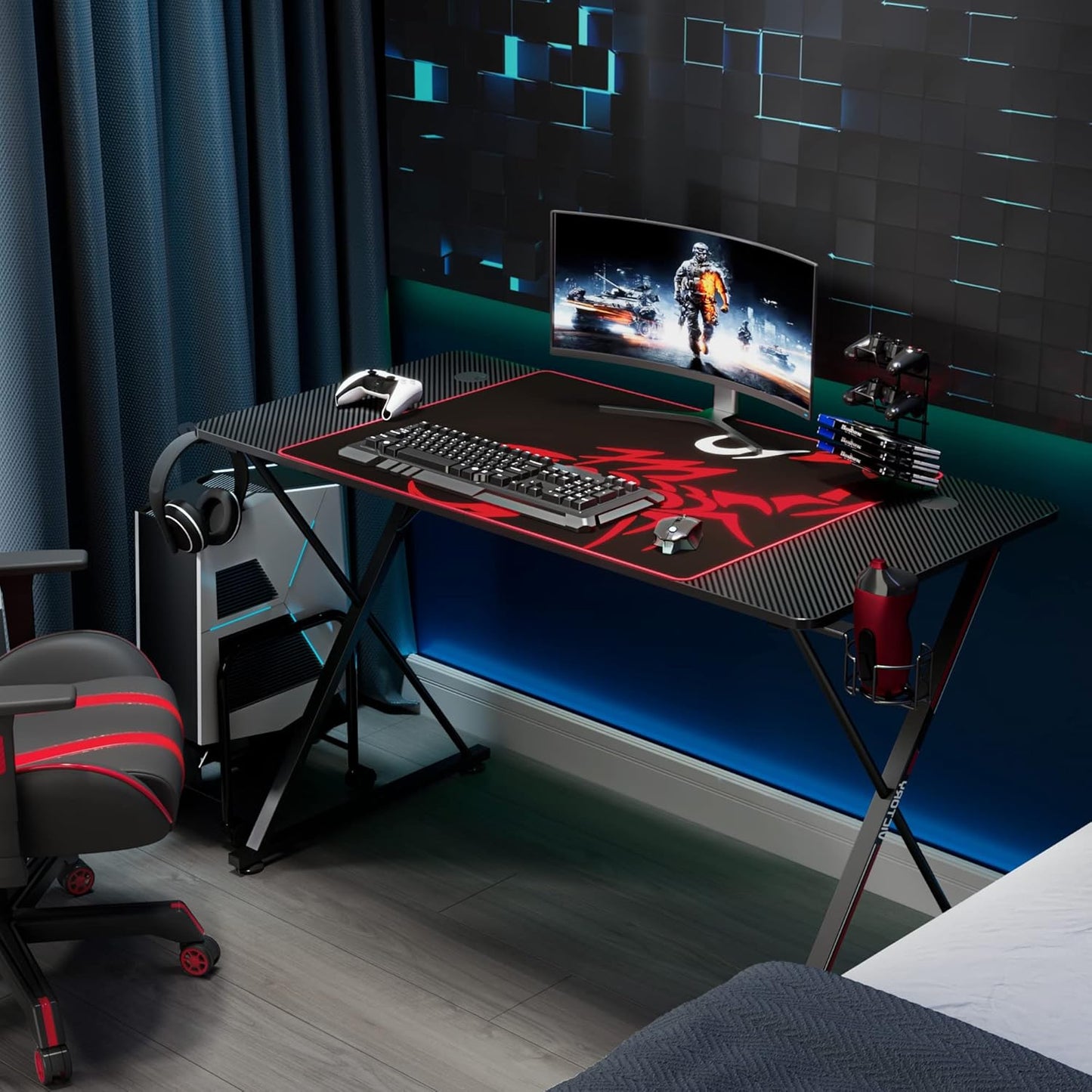 Gaming Desk 47 Inch, X Shaped Computer Desk with Mouse Pad, Headphone Hook, Gaming Controller Stand, Cup Holder