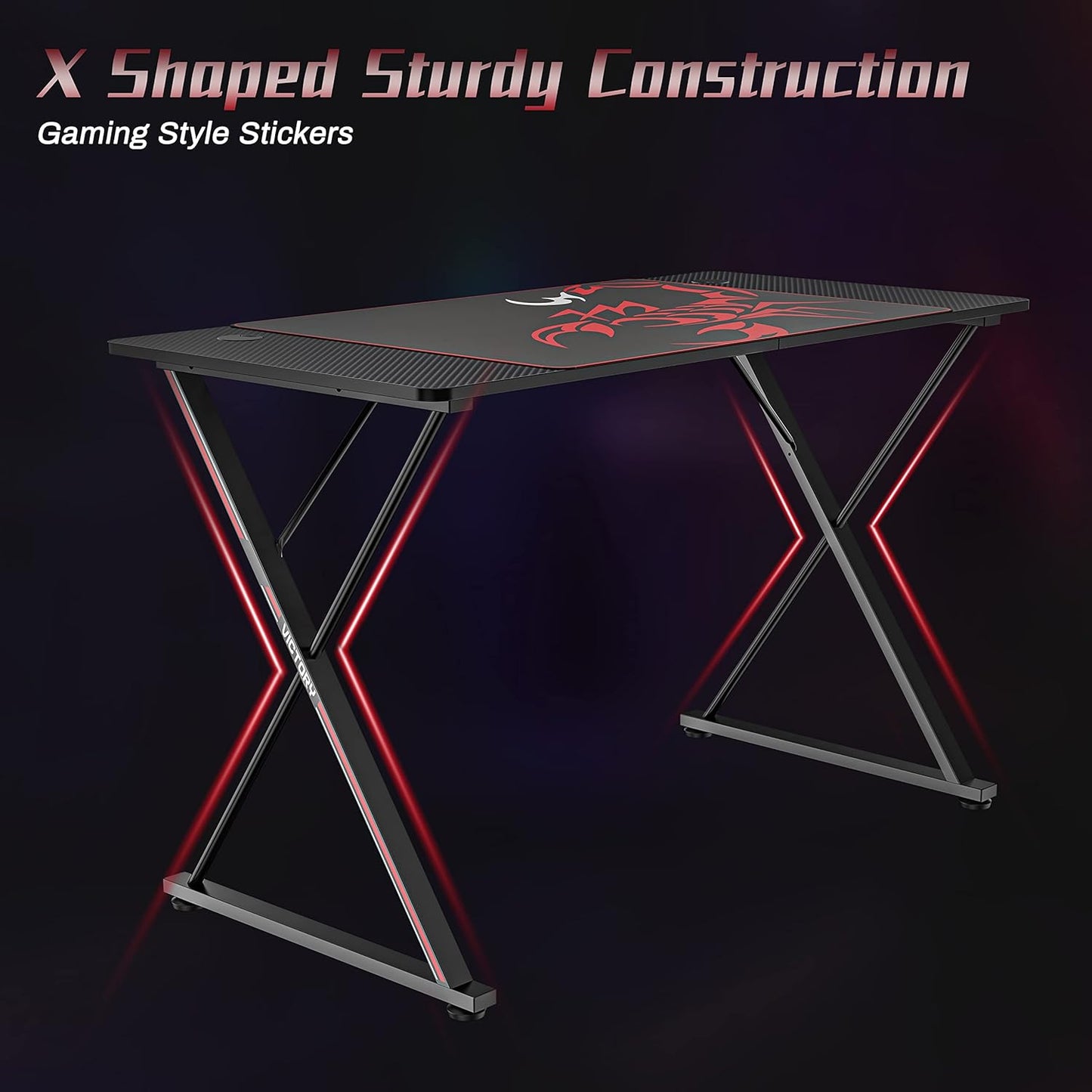 Gaming Desk 47 Inch, X Shaped Computer Desk with Mouse Pad, Headphone Hook, Gaming Controller Stand, Cup Holder