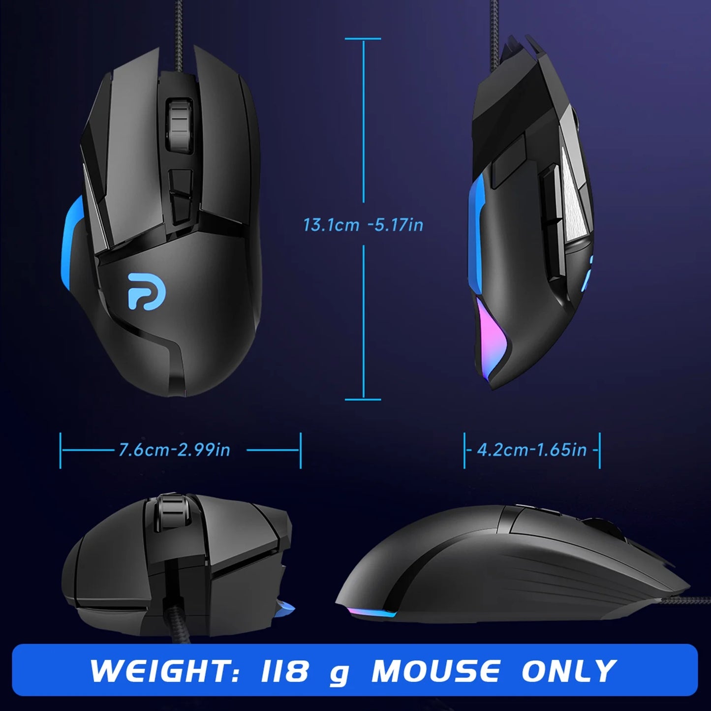 Gaming Mouse, Wired, Optical Sensor, 16000 DPI, 8 Programmable Buttons, RGB Lighting, Black