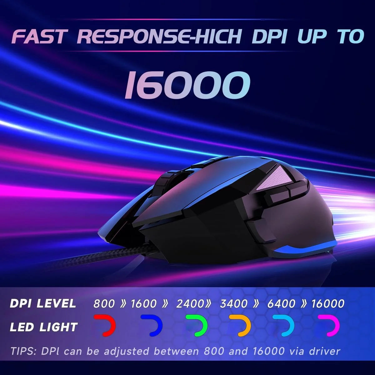 Gaming Mouse, Wired, Optical Sensor, 16000 DPI, 8 Programmable Buttons, RGB Lighting, Black
