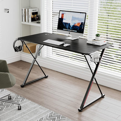 Gaming Desk 47 Inch, X Shaped Computer Desk with Mouse Pad, Headphone Hook, Gaming Controller Stand, Cup Holder