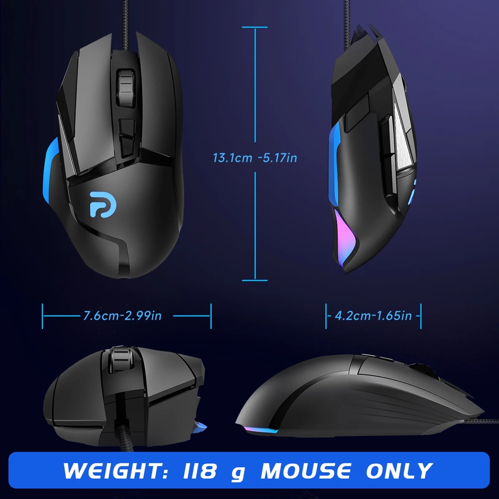 Gaming Mouse, Wired, Optical Sensor, 16000 DPI, 8 Programmable Buttons, RGB Lighting, Black