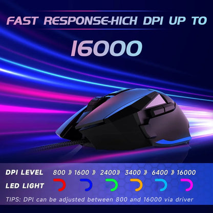 Gaming Mouse, Wired, Optical Sensor, 16000 DPI, 8 Programmable Buttons, RGB Lighting, Black